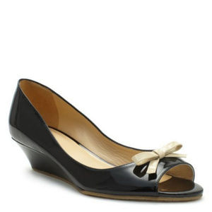 Kate Spade Tracey Black Patent Peep Toe Wedges 6.5